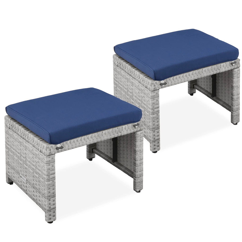 Best Choice Products Set Of 2 Wicker Ottomans, Multipurpose Outdoor Furniture For Patio, Backyard, Additional Seating, Footrest, Side Table W/Removable Cushions, Steel Frame - Gray/Navy