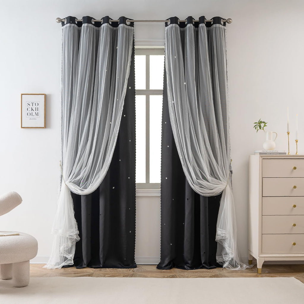 Yancorp Black Curtains For Bedroom Living Room Thermal Insulated Kids Curtain Hollow-Out Star Window Nursery Curtain 96 Inches Length Room Darkening Grommet(Black,52 * 96),1 Panel