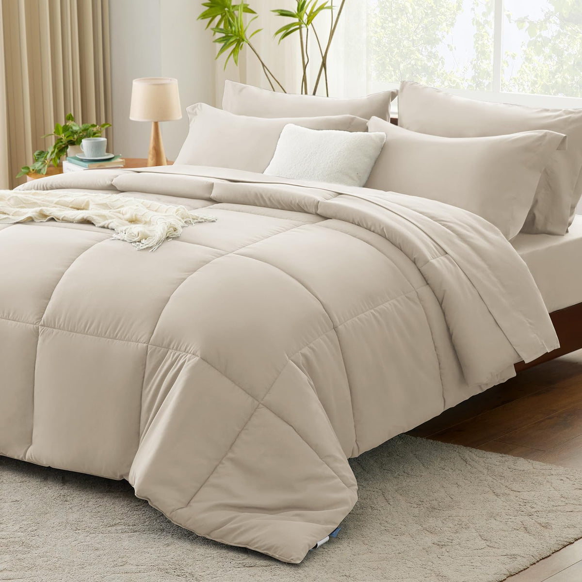 Cozylux Beige Comforter Set Full 7 Pieces Beige Bedding Set Cream Off White Bed In A Bag Set Full Box Stitch Bedding Sets With All Season Comforter, Flat Sheet, Fitted Sheet And Pillowcases & Shams