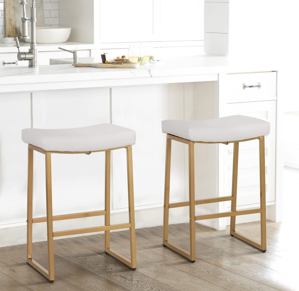 Maison Arts White & Gold Bar Stools Set Of 2 For Kitchen Counter Backless Counter Height 24 Inches Saddle Stools Modern Gold Bar