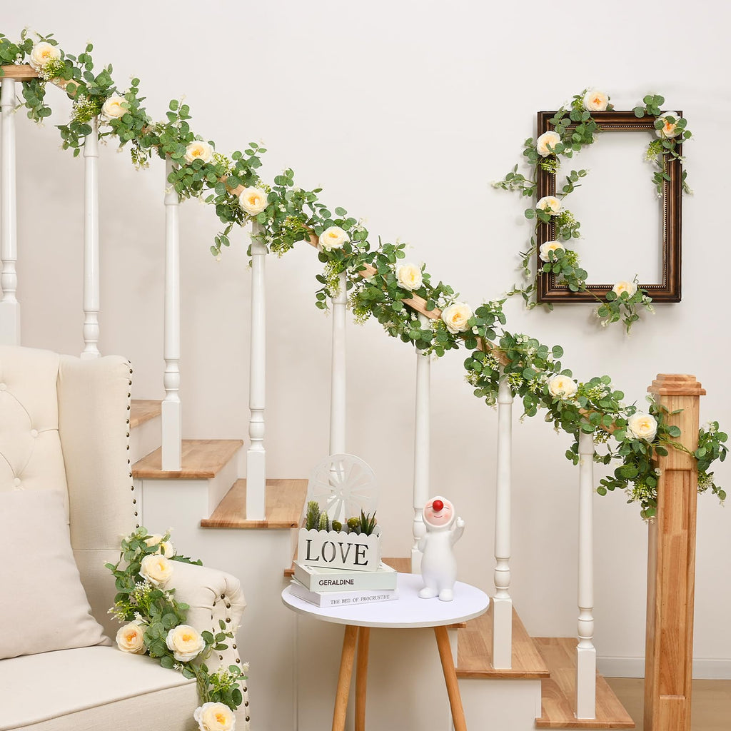 Dolicer 2Pcs 13Ft Artificial Eucalyptus Garlands With Flowers - 8 Camellias, Faux Floral Greenery Garlands Fake Flowers Vines Fo