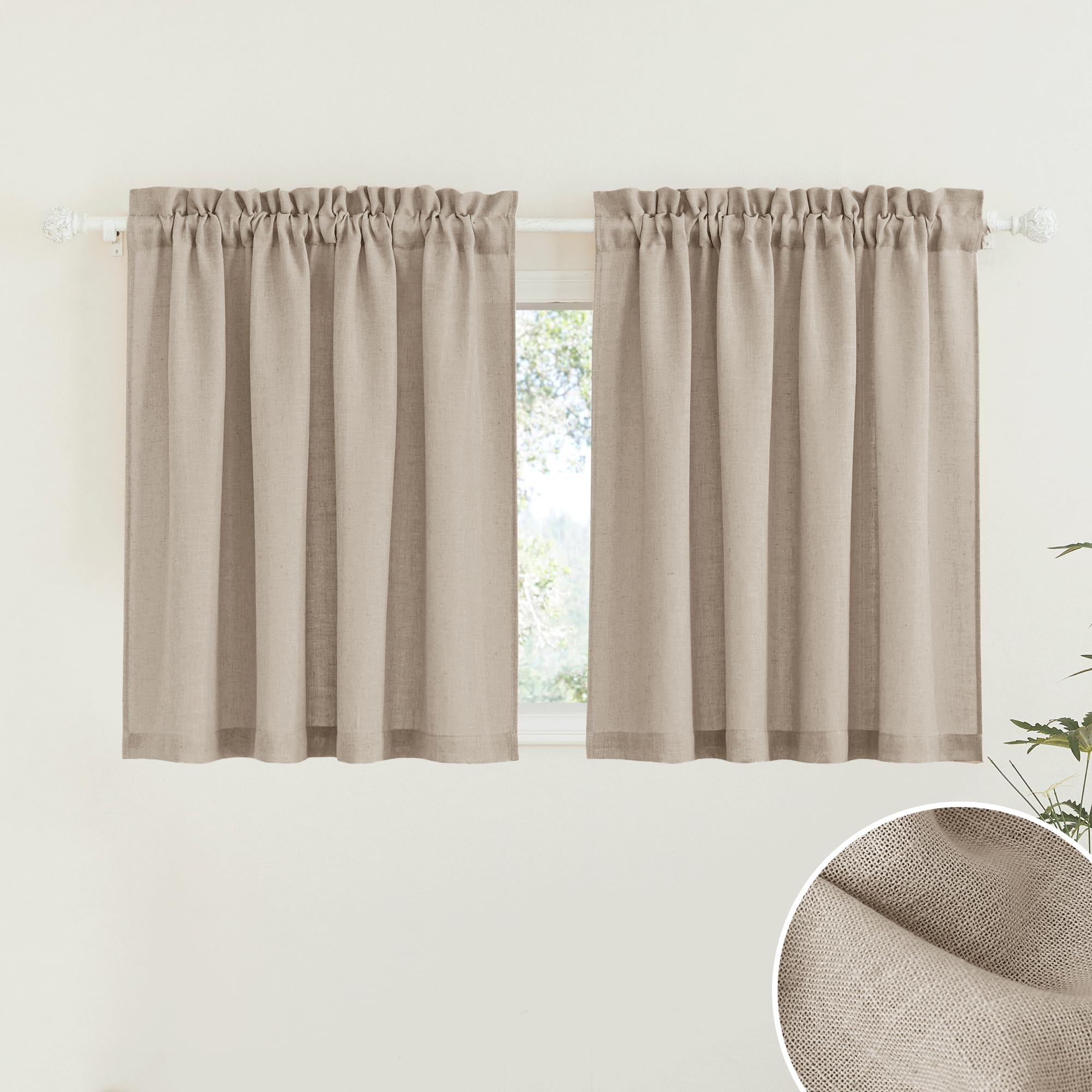 Ryb Home Linen Curtains Over Sink 36 Inches Length, 2 Panels Light Filtering Privacy Semi Sheer Curtains For Bathroom Kitchen Ca