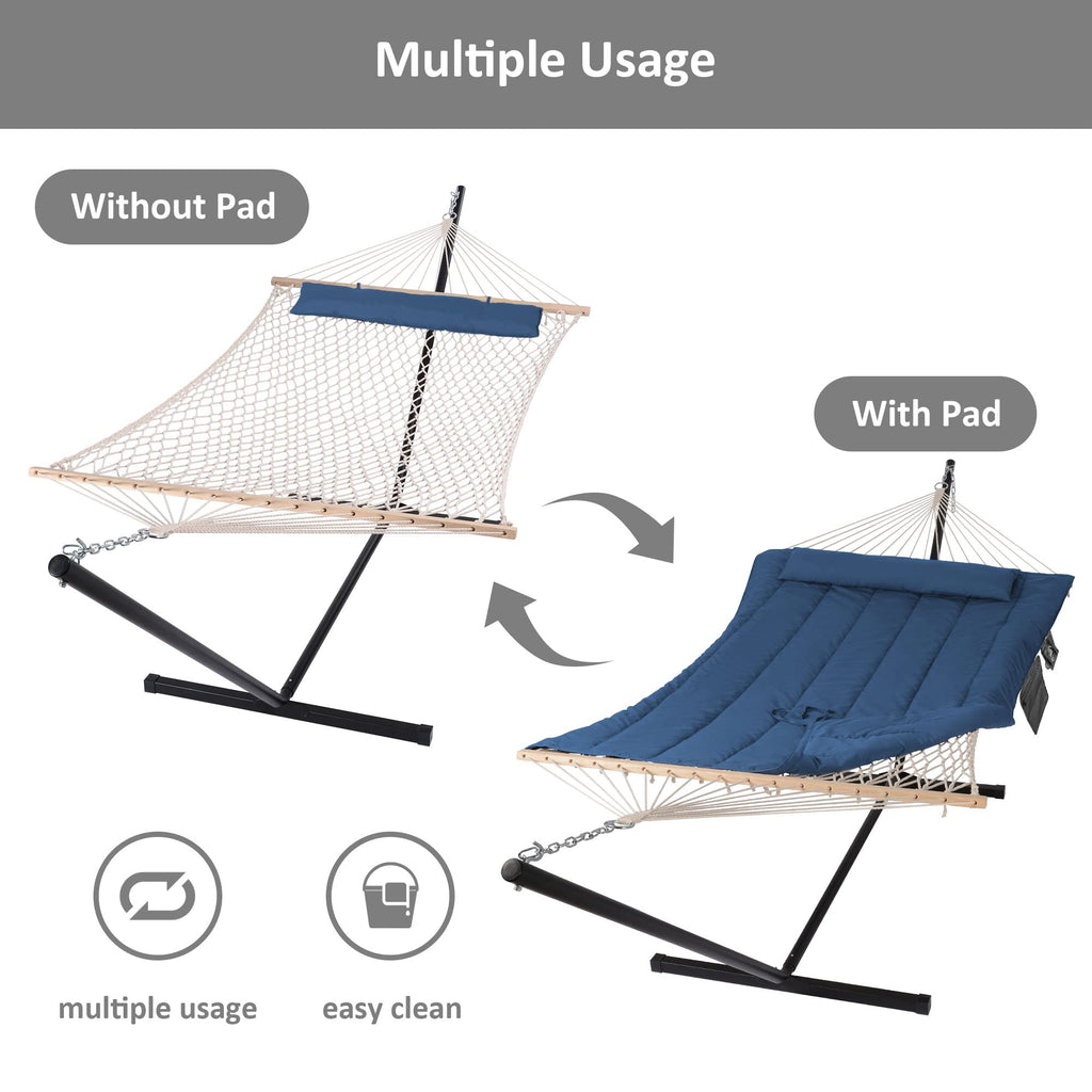 Suncreat Double Portable Rope Hammock With Stand Included, Outdoor Two Person Hammock With Polyester Pad, Navy