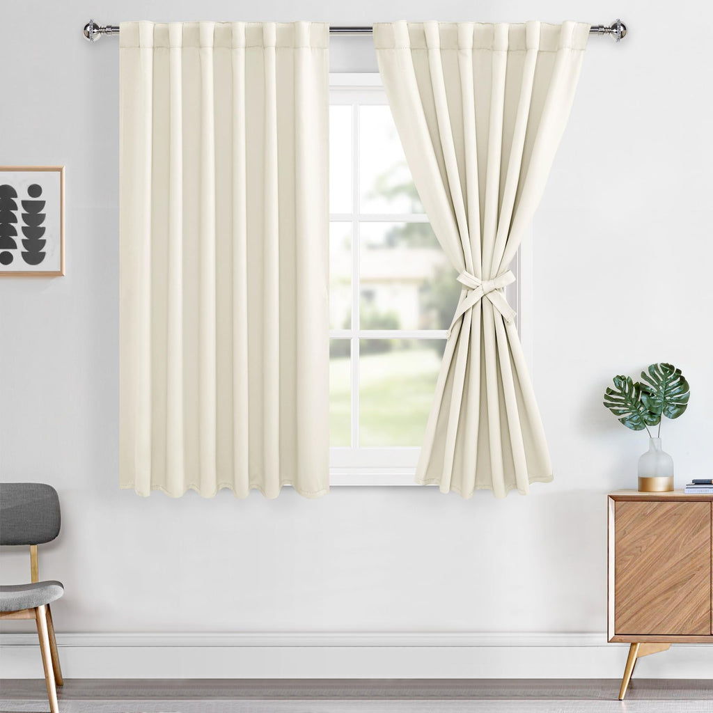 Hiasan Ivory Room Darkening Curtains 45 inches Long, Light Blocking Thermal Insulated Rod Pocket & Back Tab Drapes Sewn with Tie