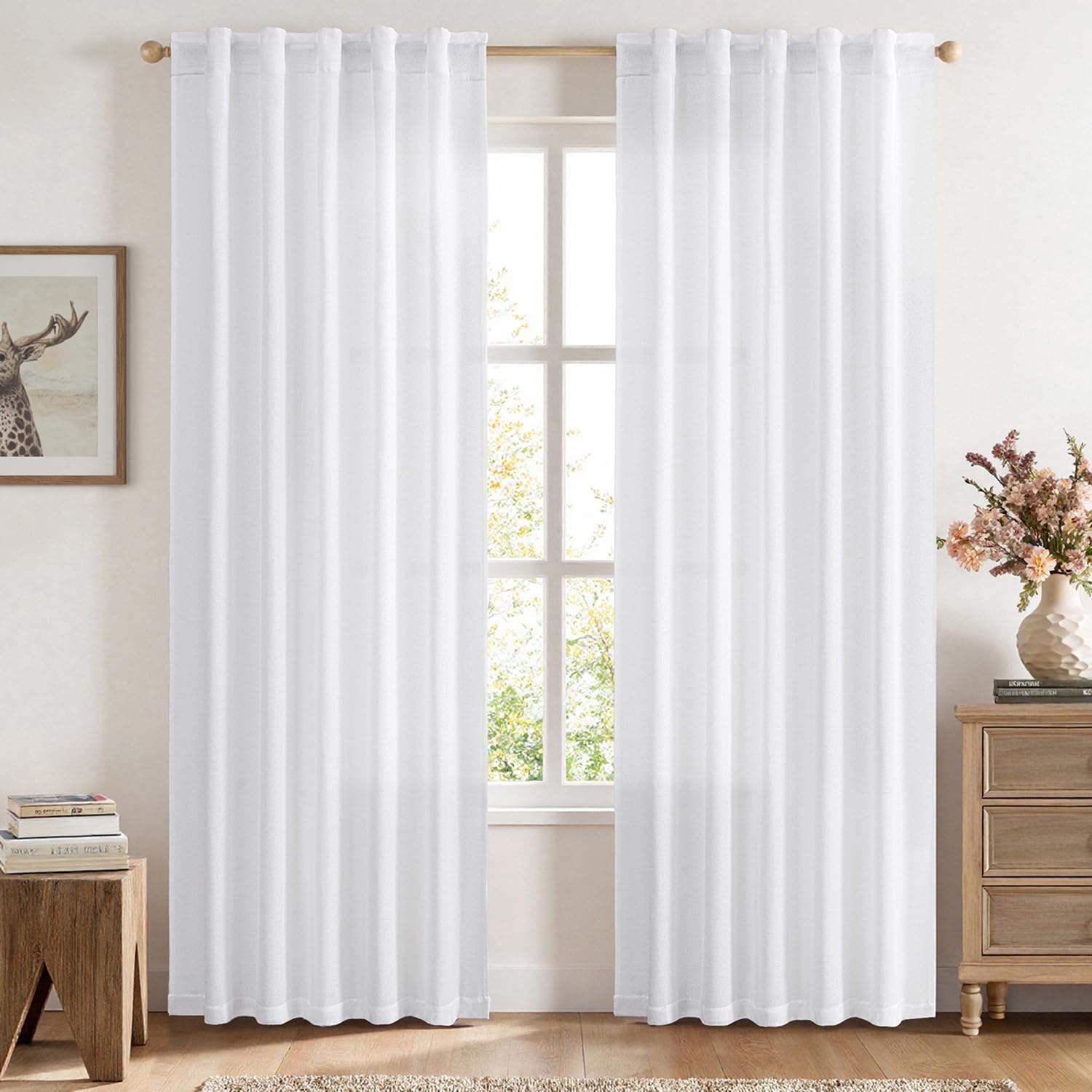 MIULEE Faux Linen Curtains 84 Inch Length 2 Panels Natural White Semi Sheer Curtain with Back Tab Rod Pocket, Light Filtering Wi