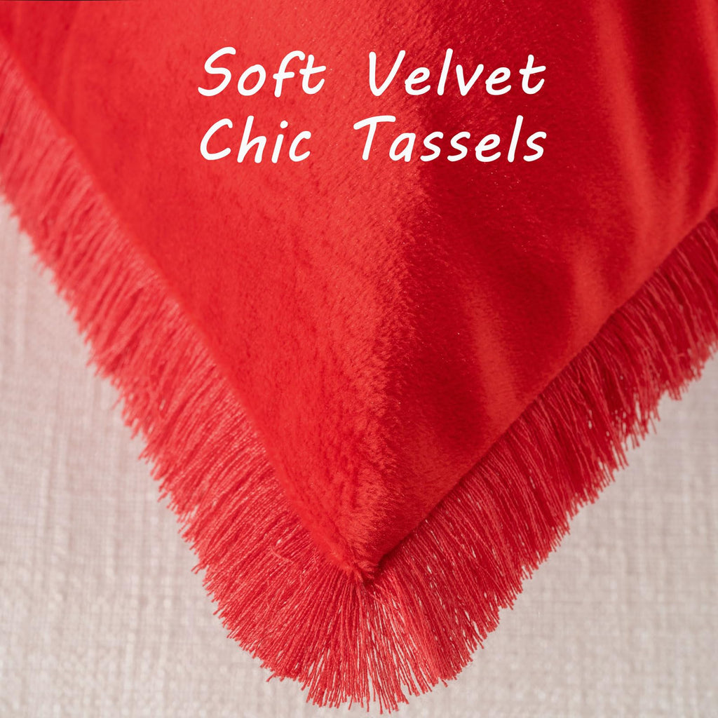 Futei Red Boho Throw Pillow Covers With Tassels 16X16 Inch Set Of 2,Soft Velvet Decorative Cushion Case,Home Decor For Couch Bed