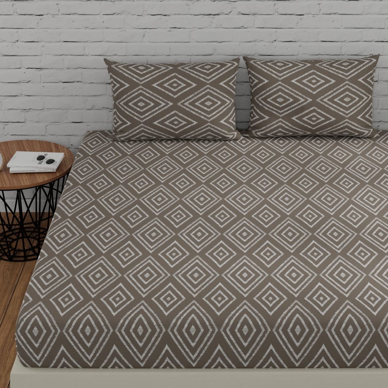 Huesland By Ahmedabad Cotton 144 Tc Bedsheet Elastic Fitted Queen Size Bed With 2 Pillow Covers  Color | 5Ft X 6.5Ft | Taupe