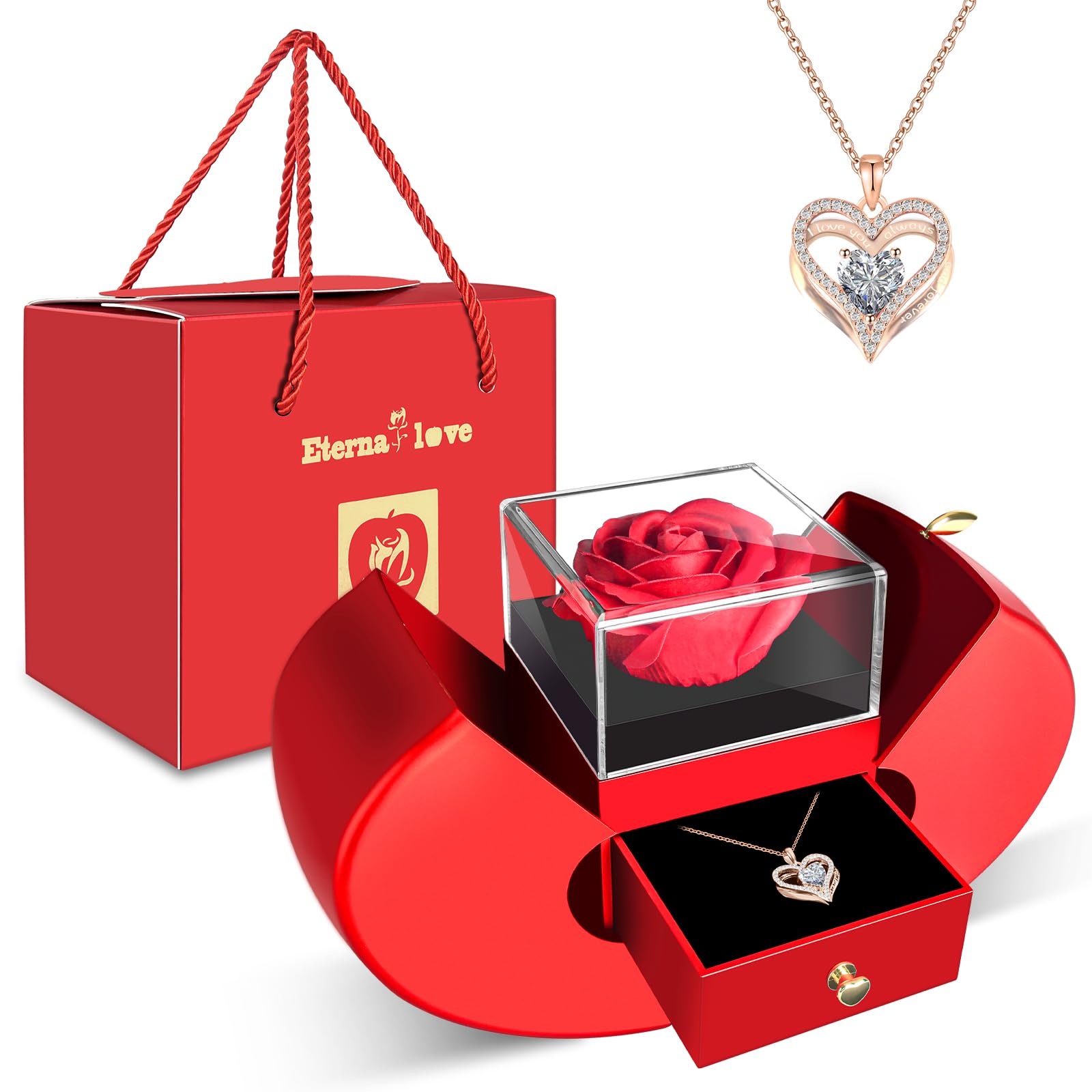 Preserved Flower Red Rose with Heart Necklace, Gift for Mom, Girlfriend, Women, Wife, Grandma on Christmas, Valentines Day, Mot