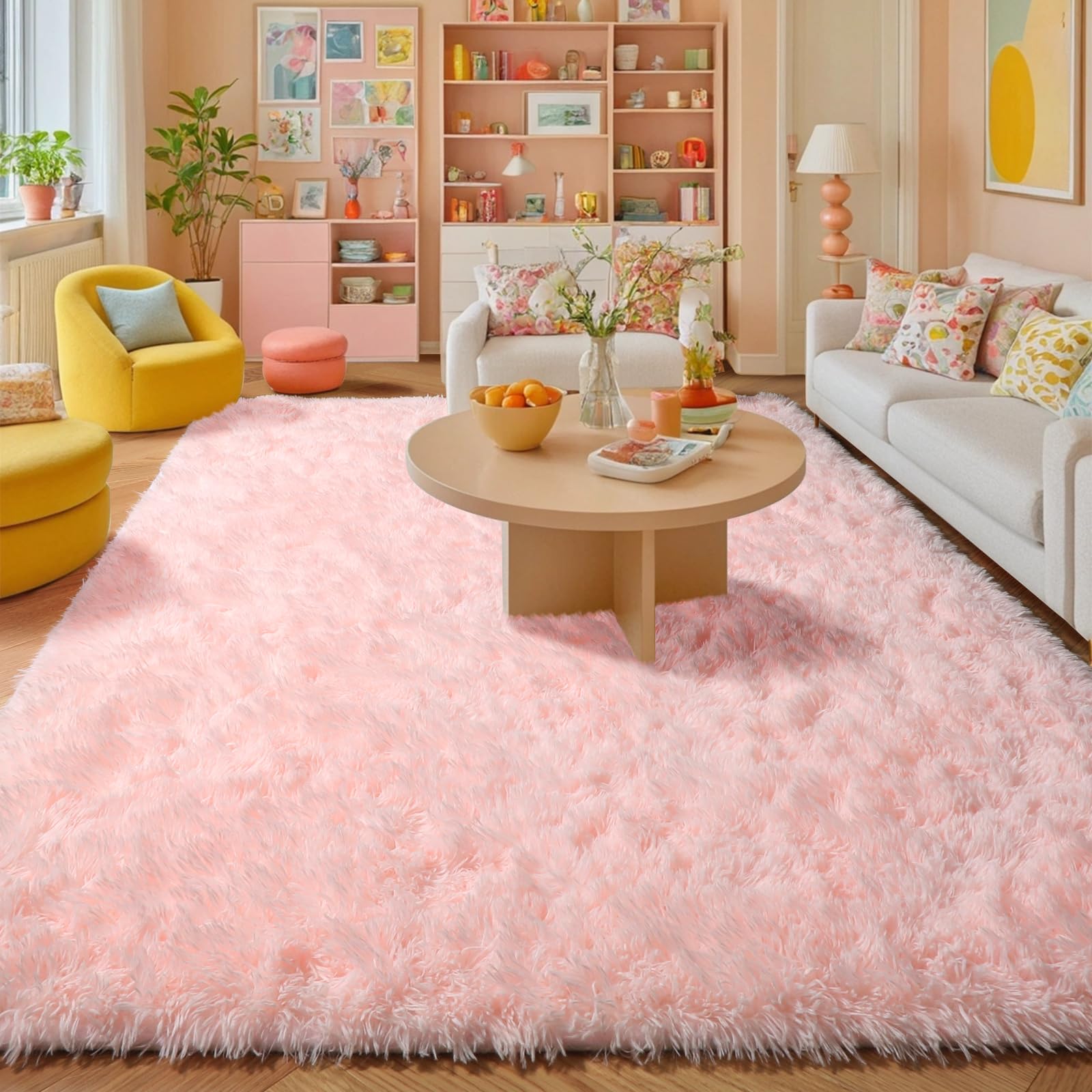 Amdrebio Pink Rug for Girls Bedroom, 9x12 Rug, Large Fluffy Area Rugs for Living Room Decor, Big Furry Shag Carpet for Teens Roo