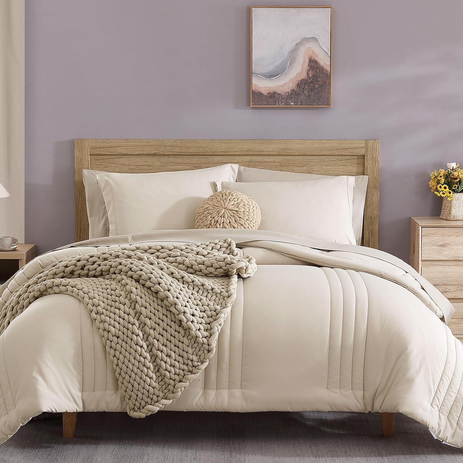 Monbix Comforter King Size, King Comforters Set 7 Piece, Breathable Solid Bedding Sets King With Comforters, King Bed In A Bag W