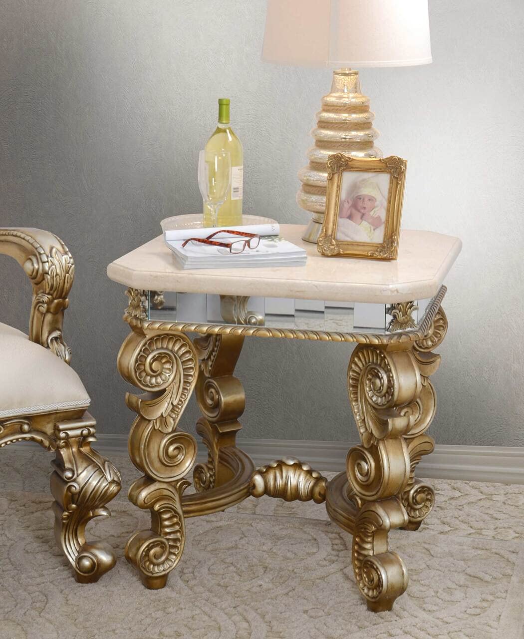Afd Home Platine Bella Accent End Table, Silver Platina, Mirror, Cream Marble