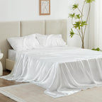 Love'S Cabin Satin Queen Sheets Set - 4 Piece White Silky Satin Bed Sheets Queen Set With Deep Pocket, Luxury Silk Feel Satin Queen Size Sheet Set (1 Flat Sheet,1 Fitted Sheet,2 Pillow Cases)