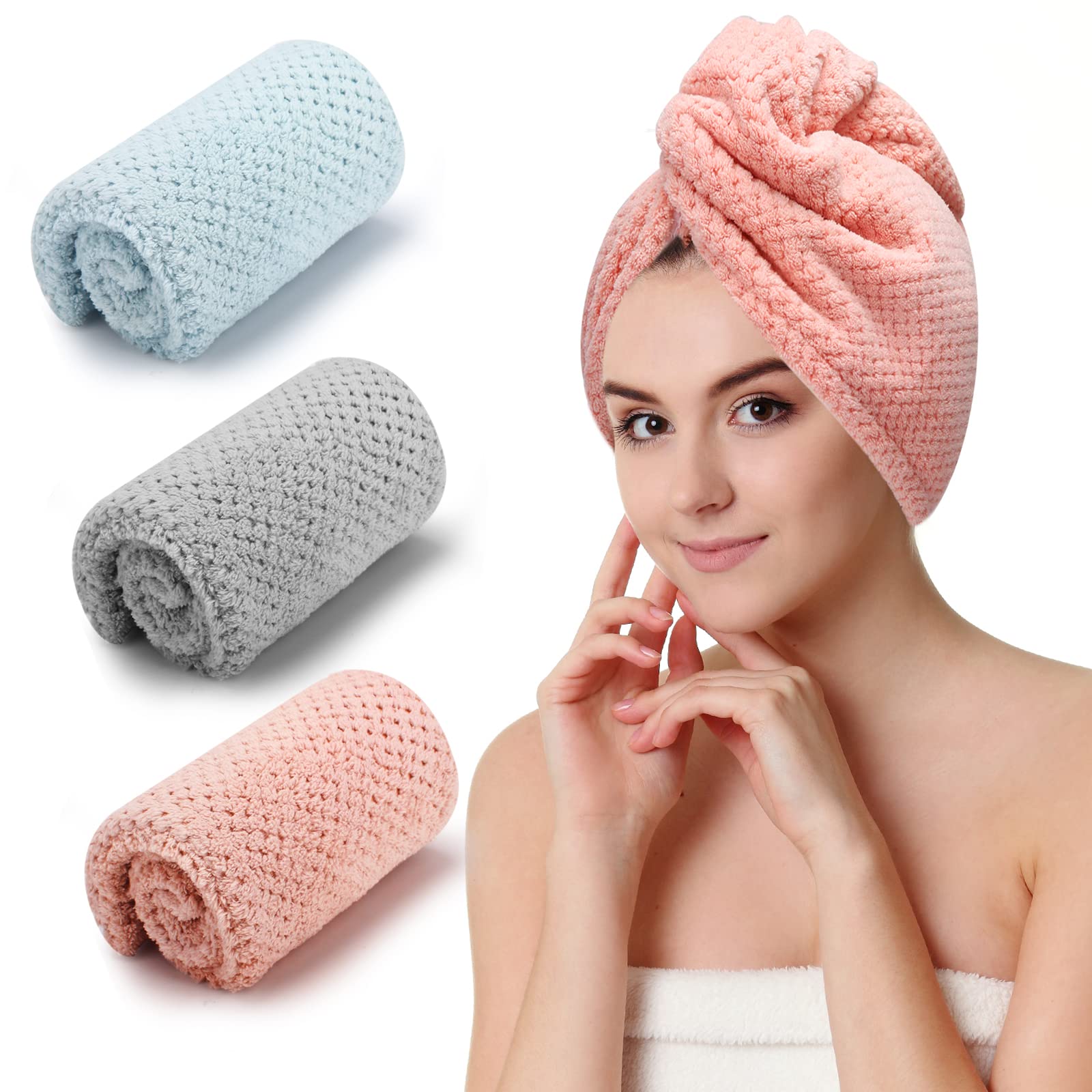 CZZXI 3 PCS Microfiber Hair Towel, Hair Wraps for Women Wet Hair, Fast Drying Hair Turban, Anti Frizz Head Towels Wrap for Curly