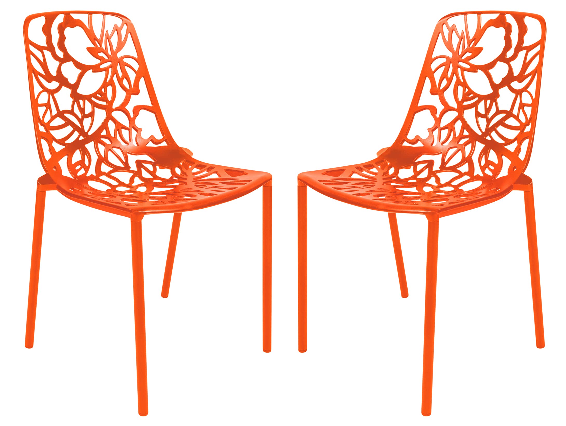 LeisureMod Aluminum Stackable Orange Patio Dining Side Chair with Floral Design, Set of 2