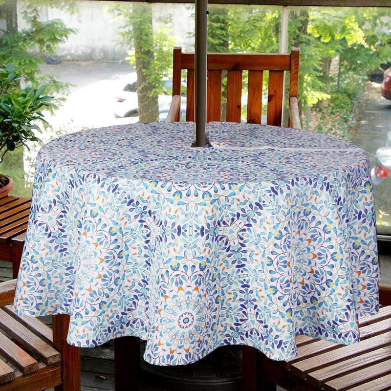 EHouseHome Round Tablecloth with Umbrella Hole and Zipper 70 inch Waterproof Polyester Mandara