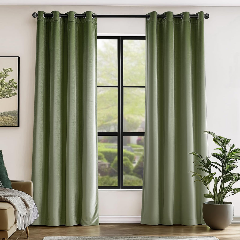 Lazzzy Blackout Velvet Curtains Green Thermal Insulated Curtains 84 Inch Long Drapes For Bedroom Living Room Darkening Window Treatments Grommet Living Room Curtains Set Of 2 Panels Sage Green
