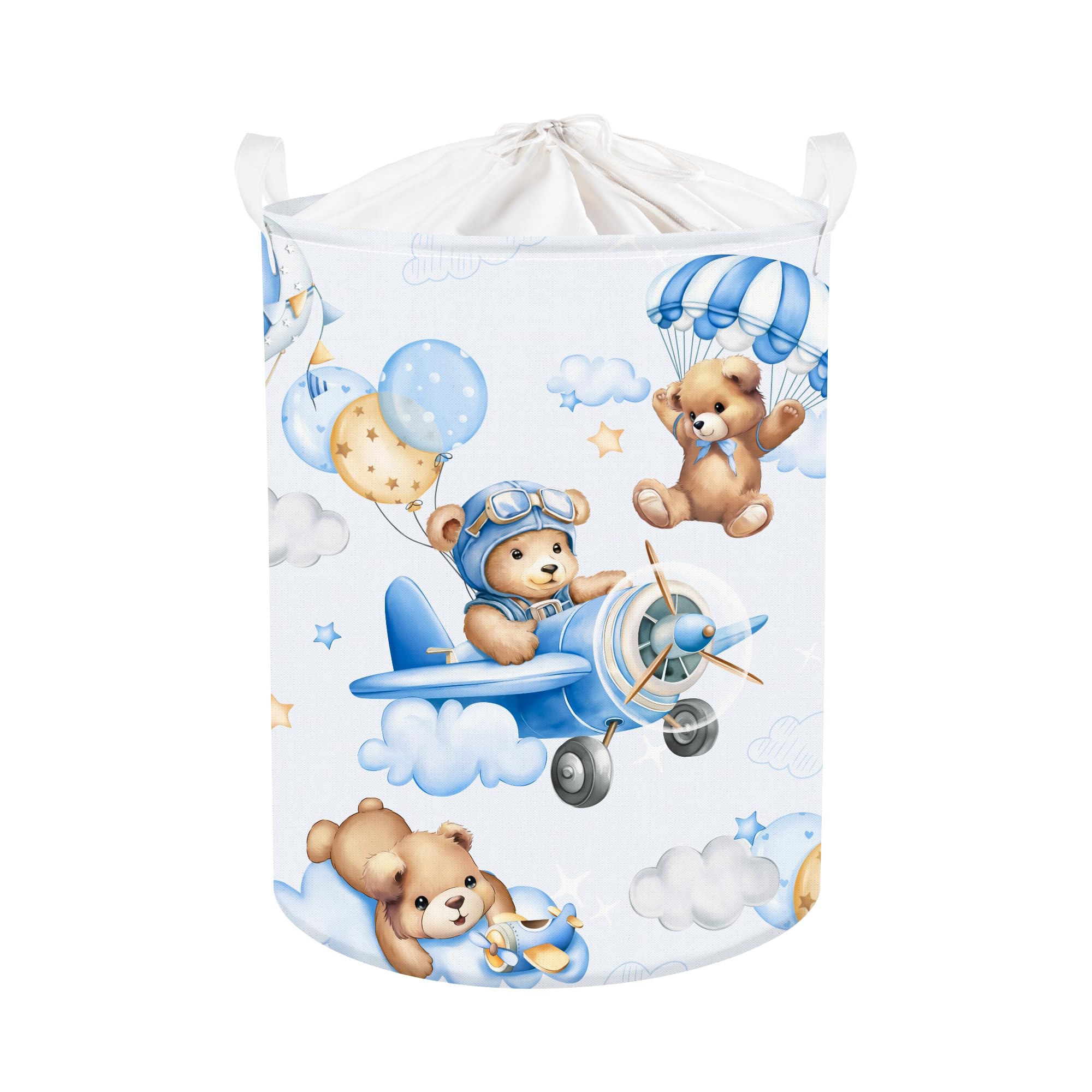 Clastyle 45L Large Blue Bear Pilot Kid Boy Girl Laundry Hamper with Handle Collapsible Balloon Clothes Toy Storage Basket with L