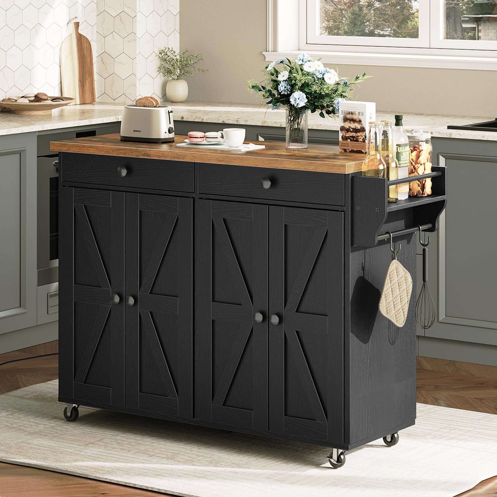 Hoobro 43.3 Inch Kitchen Island With Charging Station, Rolling Island With Storage, Kitchen Cart With Spice Rack And Hooks, For
