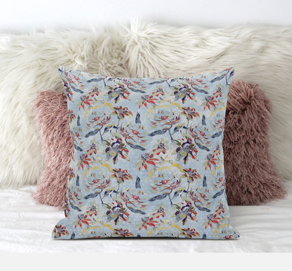 HomeRoots Gray Indigo Red 18' Sky Blue Red Roses Zippered Suede Throw Pillow