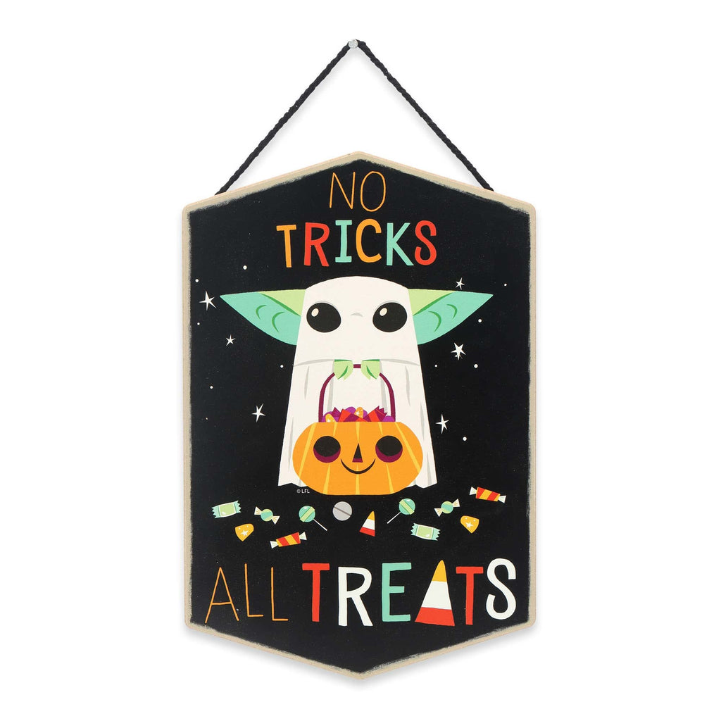Open Road Brands Disney Star Wars Baby Yoda No Tricks All Treats Halloween Hanging Wood Wall Decor - Cute Baby Yoda Halloween Si