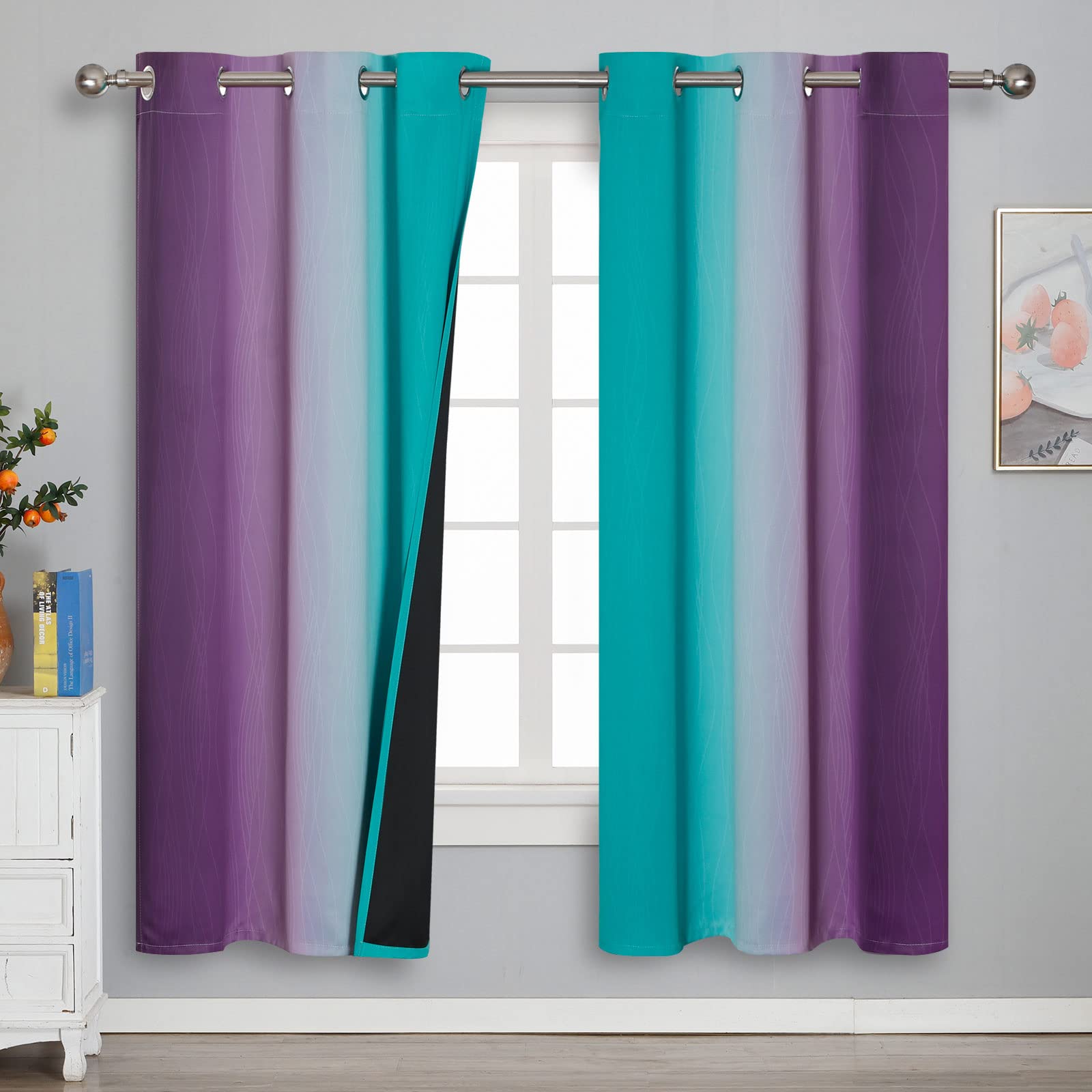 Estelar Textiler Ombre Teal And Purple Blackout Curtains 72 Inch Length 2 Panels, Grommet Thermal Insulated Gradient Drapes For