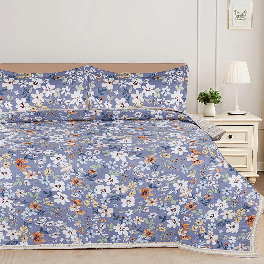 Bsb Home AllWeather Embroidered Ultrasonic Quilted Thread Free 3 Pcs Comforter Set With Pillow Shams Light Weight Bedspread/Du