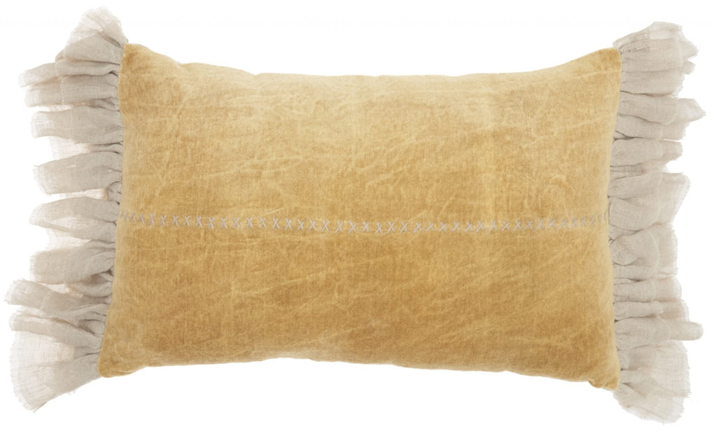 HomeRoots Grey Cotton Wide Tasseled Marble Yellow Lumbar Pillow