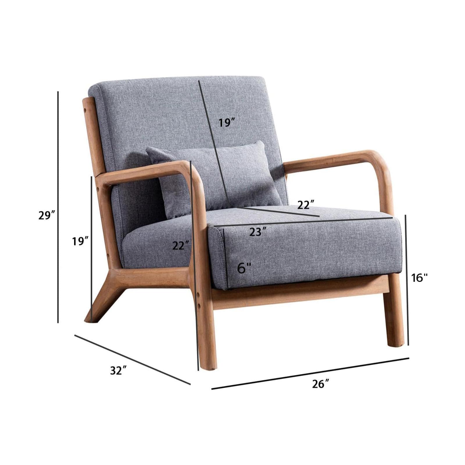 Anjhome Mid Century Modern Accent Chair, Single Fabric Lounge Reading Armchair With Solid Wood Frame, Easy Assembly Arm Chairs For Living Room, Grey