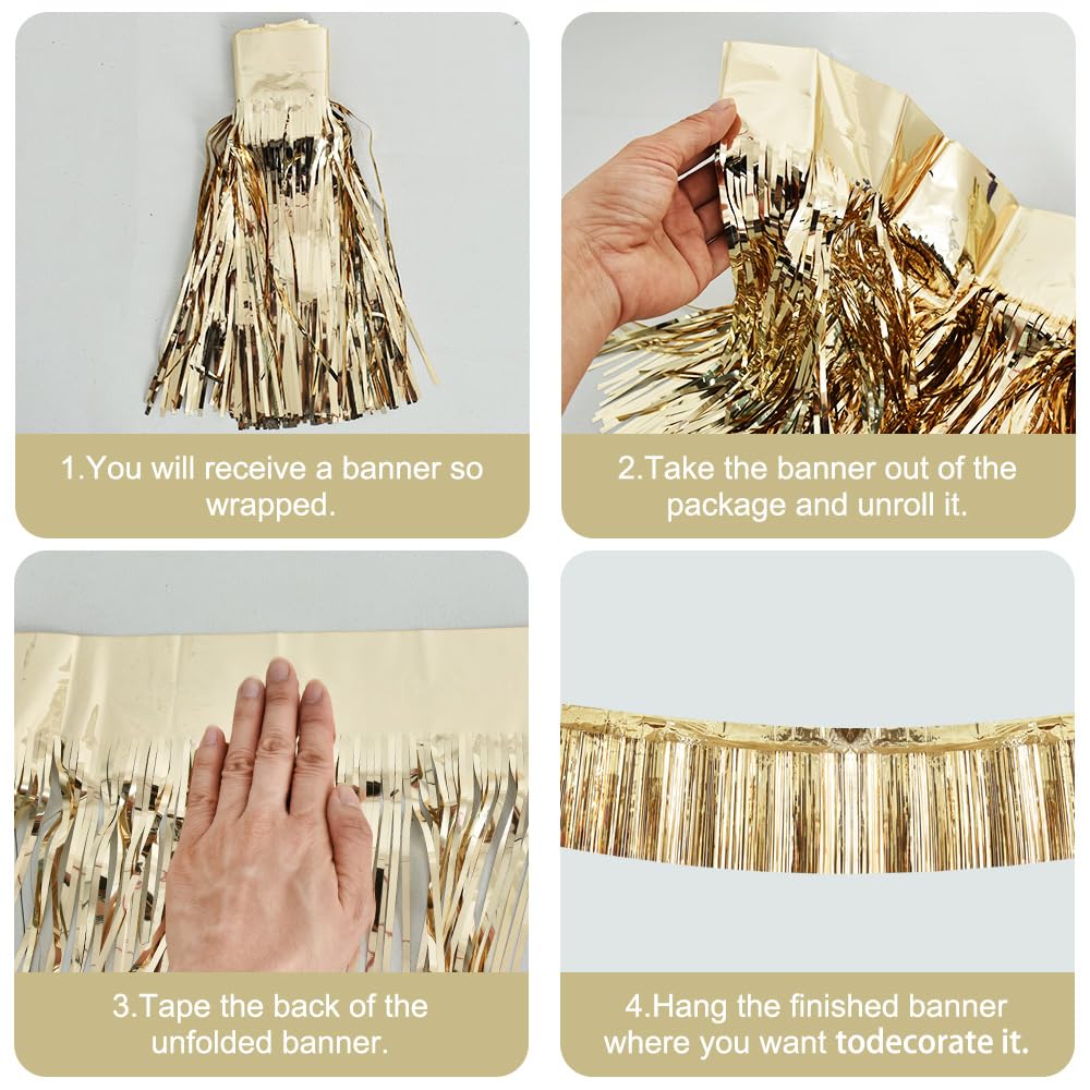 Beishida 3 Packs Metallic Foil Fringe Garland Champagne Wall Hanging Tinsel Fringe Banners For Car Floats Bridal Shower Wedding