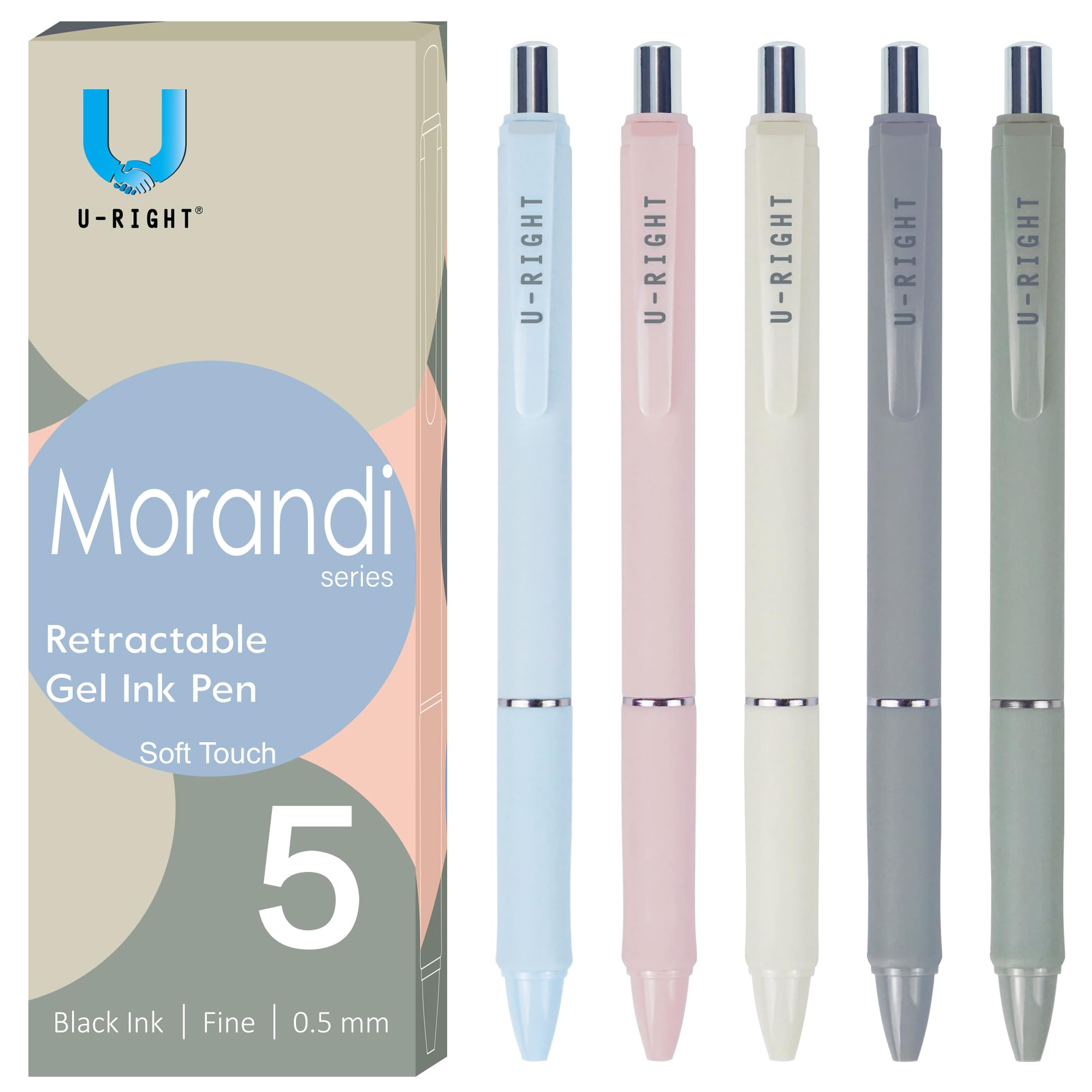 U-Right 5 Pcs Aesthetic Soft Touch Morandi Color Barrel Gel Ink Pens 0.5 Mm Point Black Ink Smooth Writing Comfortable Grip Gift