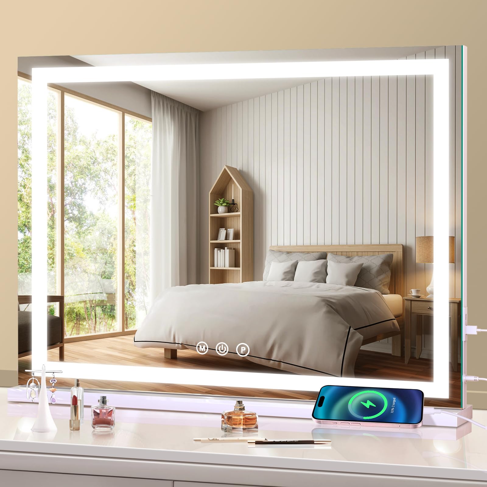 Large Lighted Vanity Mirror with Lights, 23 x 19 Light Up Make up Mirror with Smart Touch 3 Colors Dimmable, Tabletop or Wall-Mo