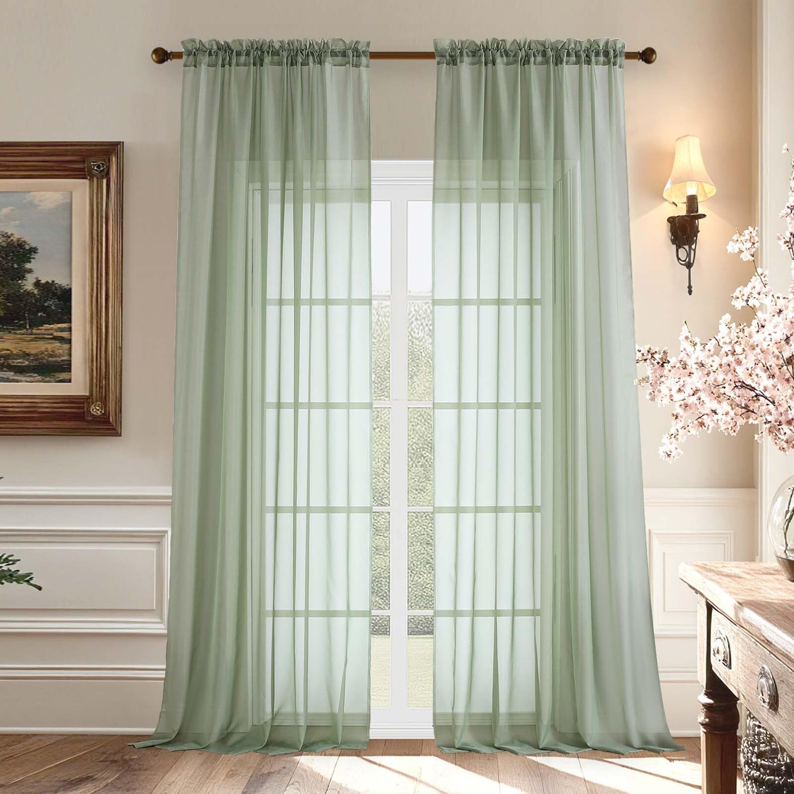 Aiyufeng Voile Sheer Sage Green Curtains - Transparent Light Weight Soft Window Treatment Curtain Panels with Rod Pocket Top for
