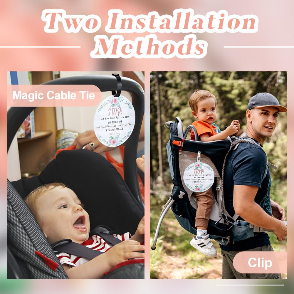Pligreat 2 Pack No Touching Car Seat Sign, Flowers Pattern No Kissing Stroller Tag With Hanging Straps And Clip, No Touching Bab