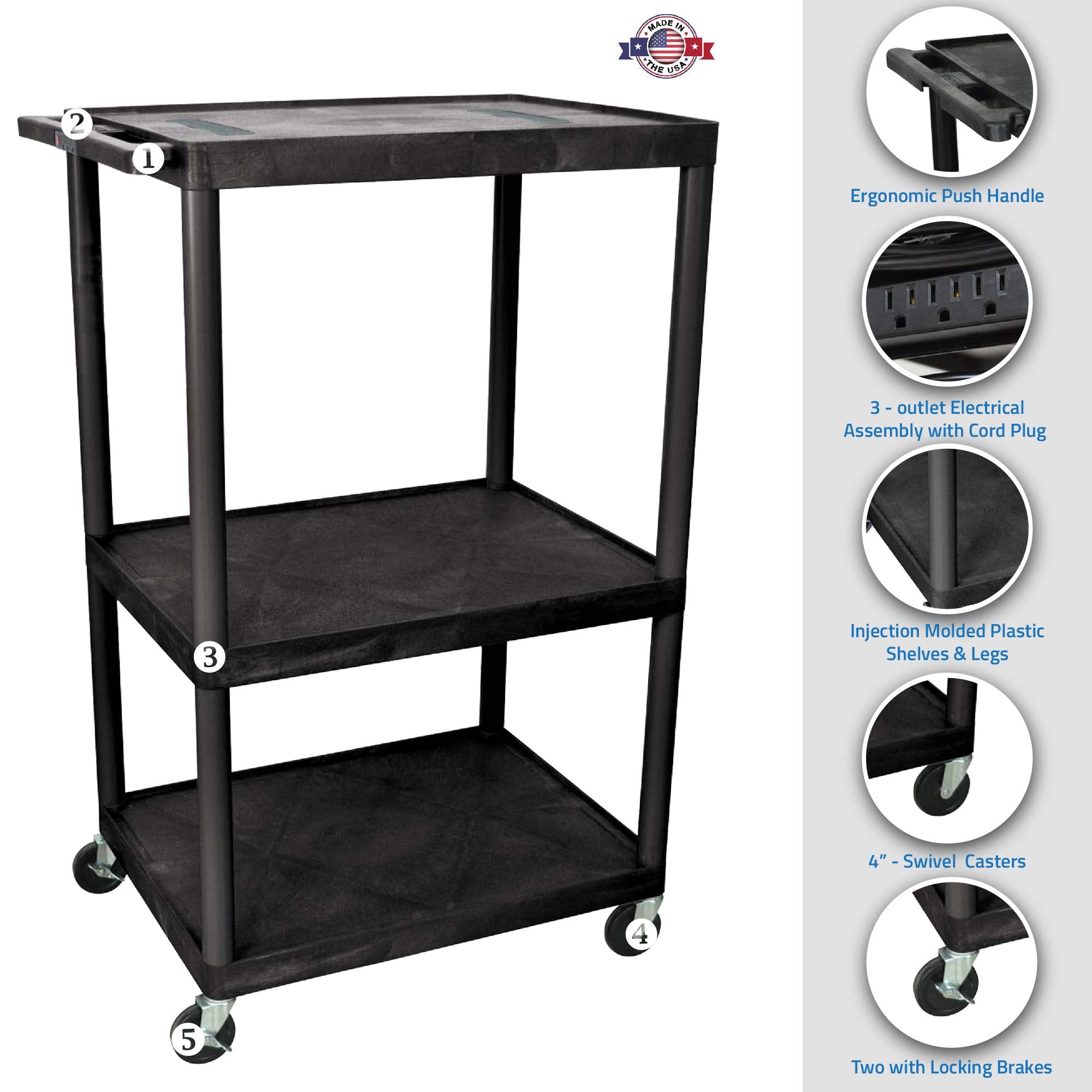 LUXOR LE54-B Video Table Presentation Endura AV Cart with 3 Plastic Open Shelves, Black