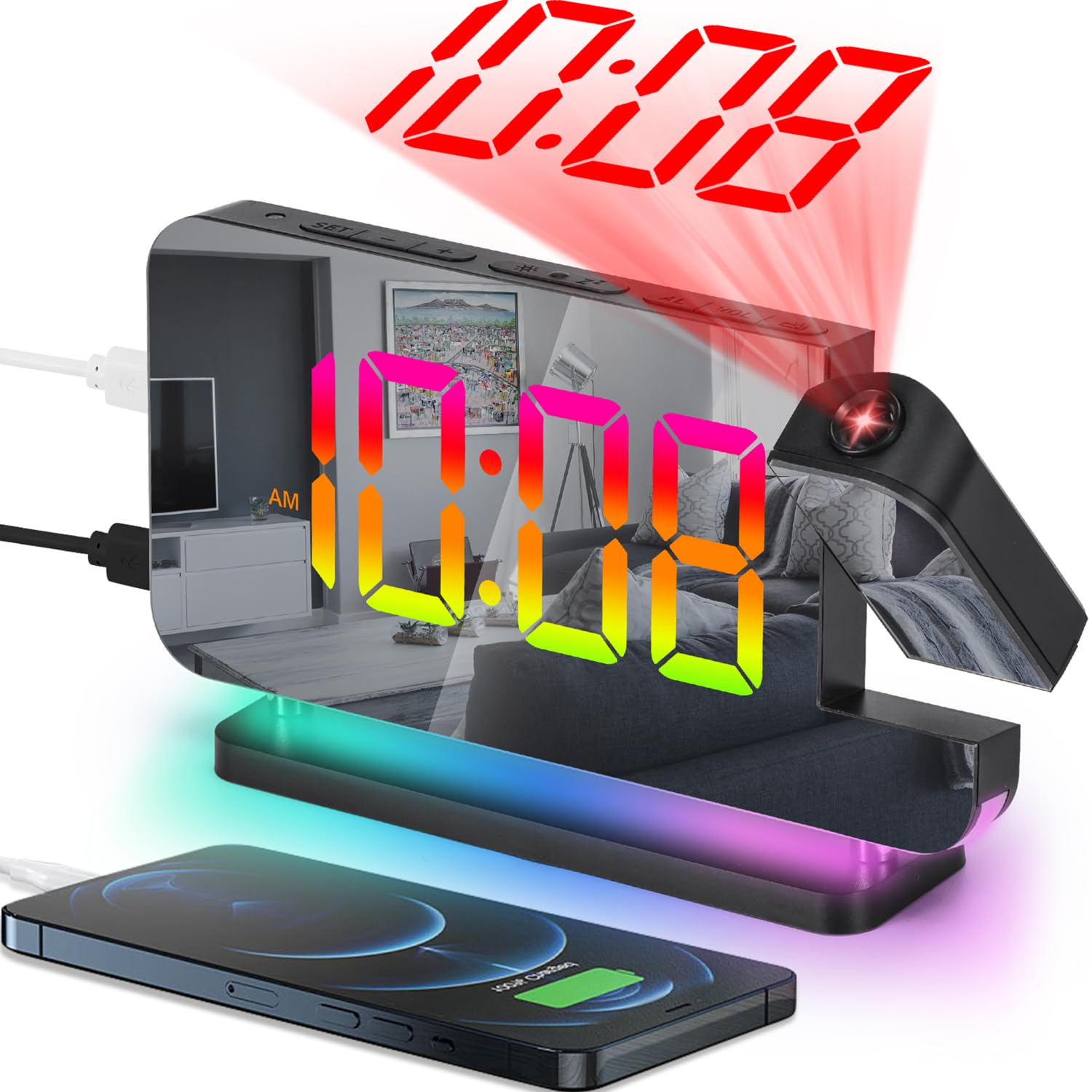 SZELAM Projection Alarm Clock, 7.4 in Digital Mirror Clocks,with 180 Rotatable Projector, RGB Night Light,USB C Charger Port, Au