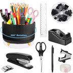 Gawsey Black Desk Organizers And Accessories 10Pcs Set With 360-Degree Rotating Pen Holder, Tape Dispenser, Stapler, Staple Remo