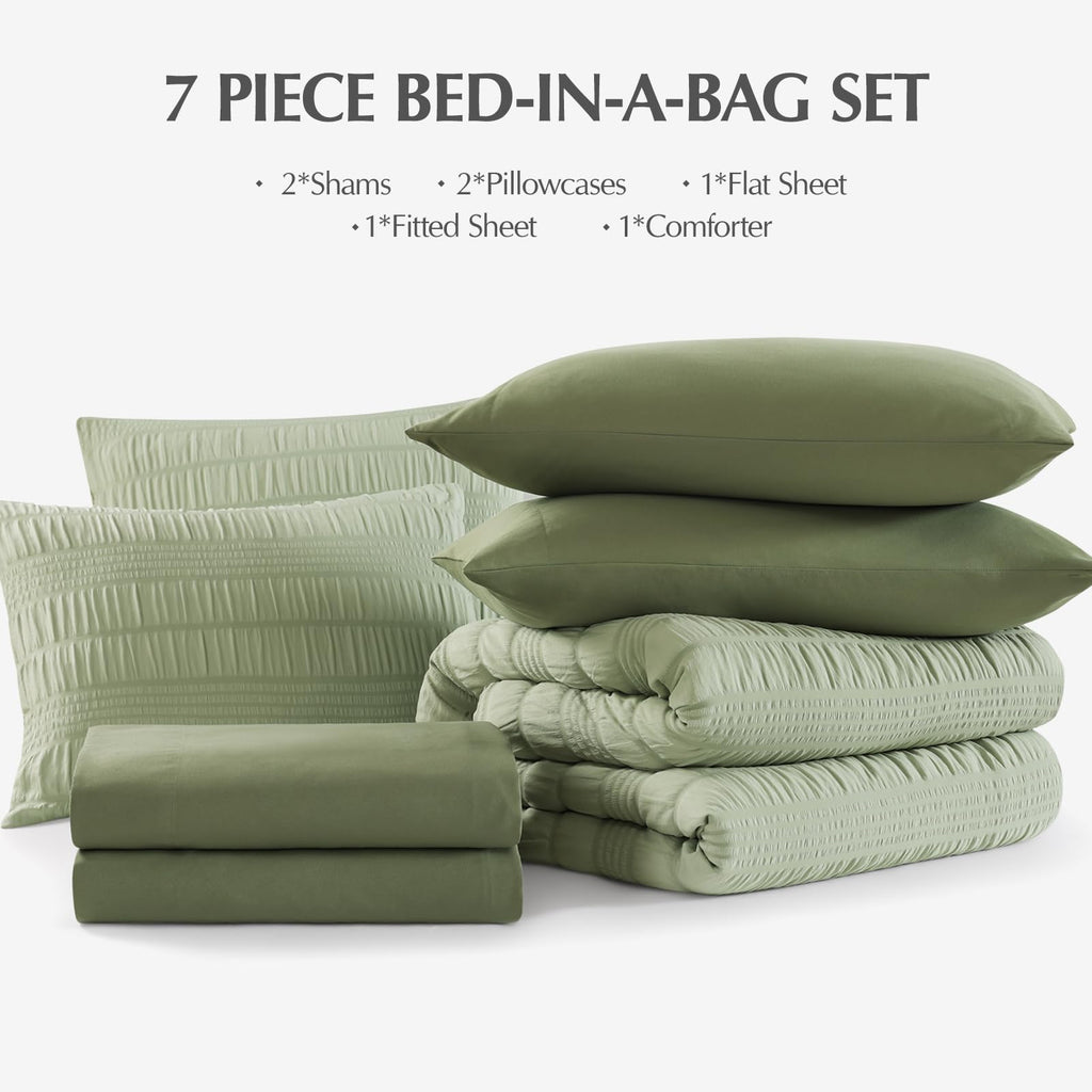 Casaagusto Queen Comforter Set, 7 Pieces Sage Green Seersucker Bed In A Bag Queen Size Soft All Seasons, Bedding Sets With Comfo
