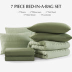 Casaagusto Queen Comforter Set, 7 Pieces Sage Green Seersucker Bed In A Bag Queen Size Soft All Seasons, Bedding Sets With Comfo