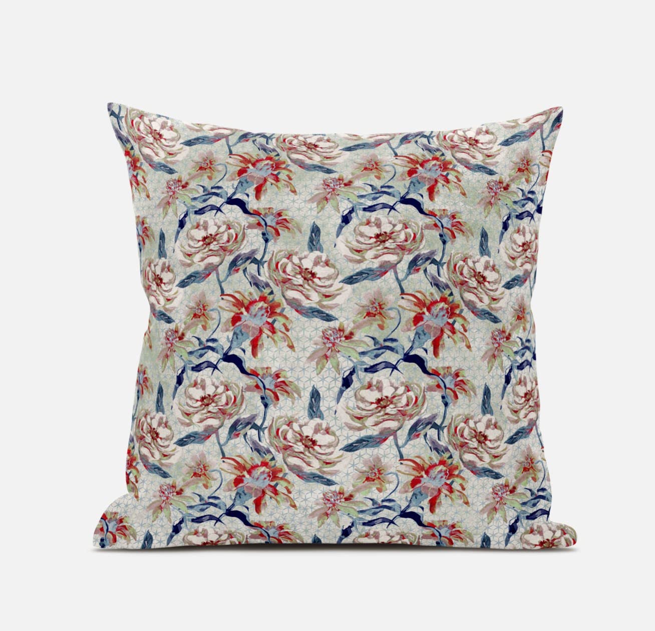 HomeRoots Light Blue Red 16' Red Indigo Roses Zippered Suede Throw Pillow