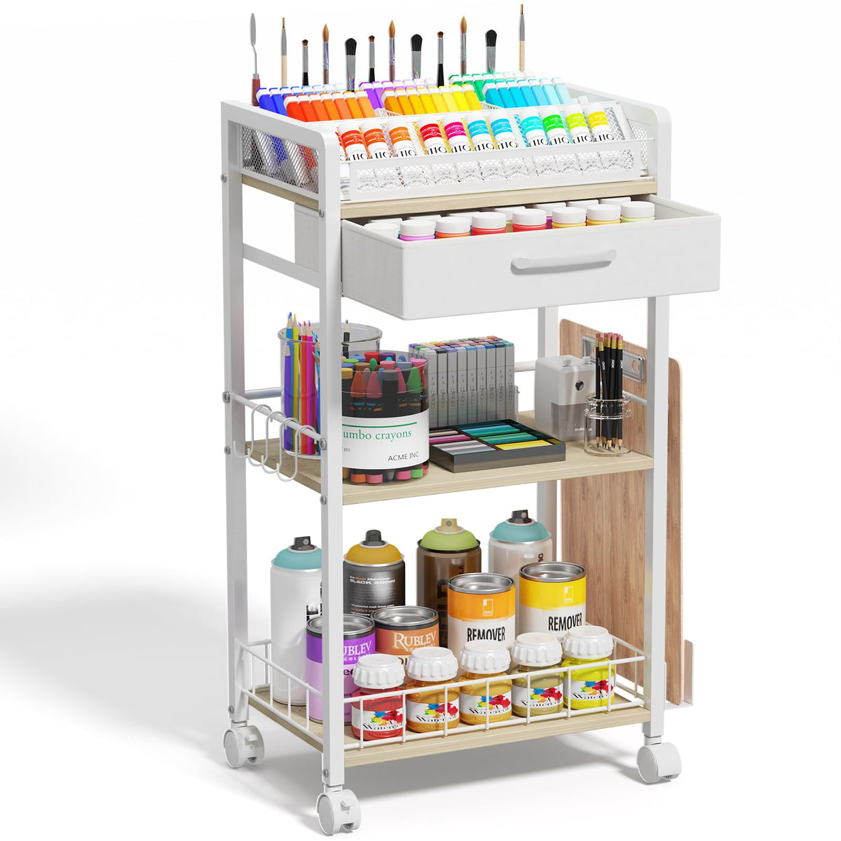 Homsorout 3 Tier Rolling Cart - Metal Utility Cart with Storage Drawer and Wheels, Versatile Art & Craft Organizer for Home, Off