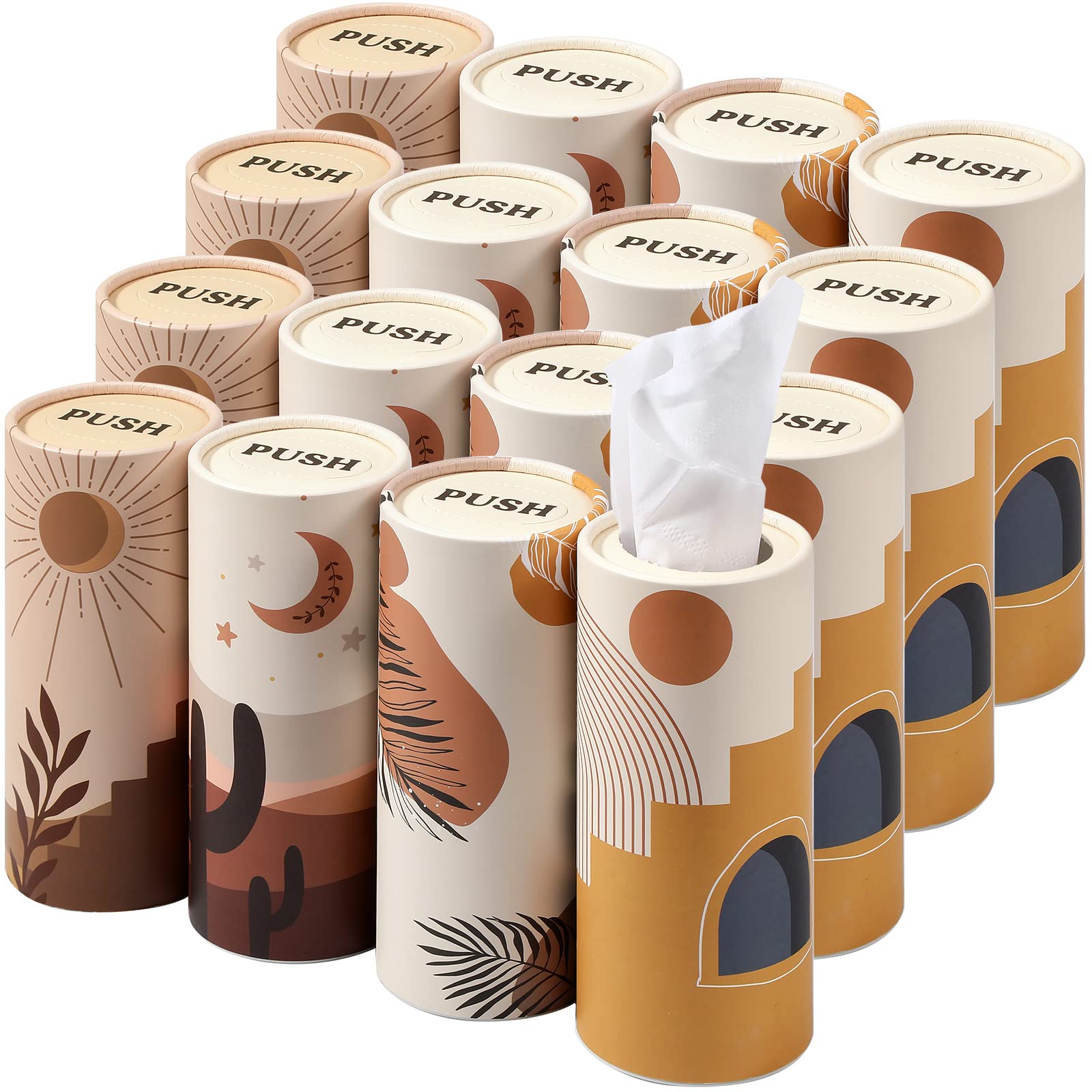 Tatuo 16 Pack Car Tissues Cylinder Holder with 3 Ply Facial Bulk Boho Round Tissue Holder Travel Tissues Boxes Container for Car