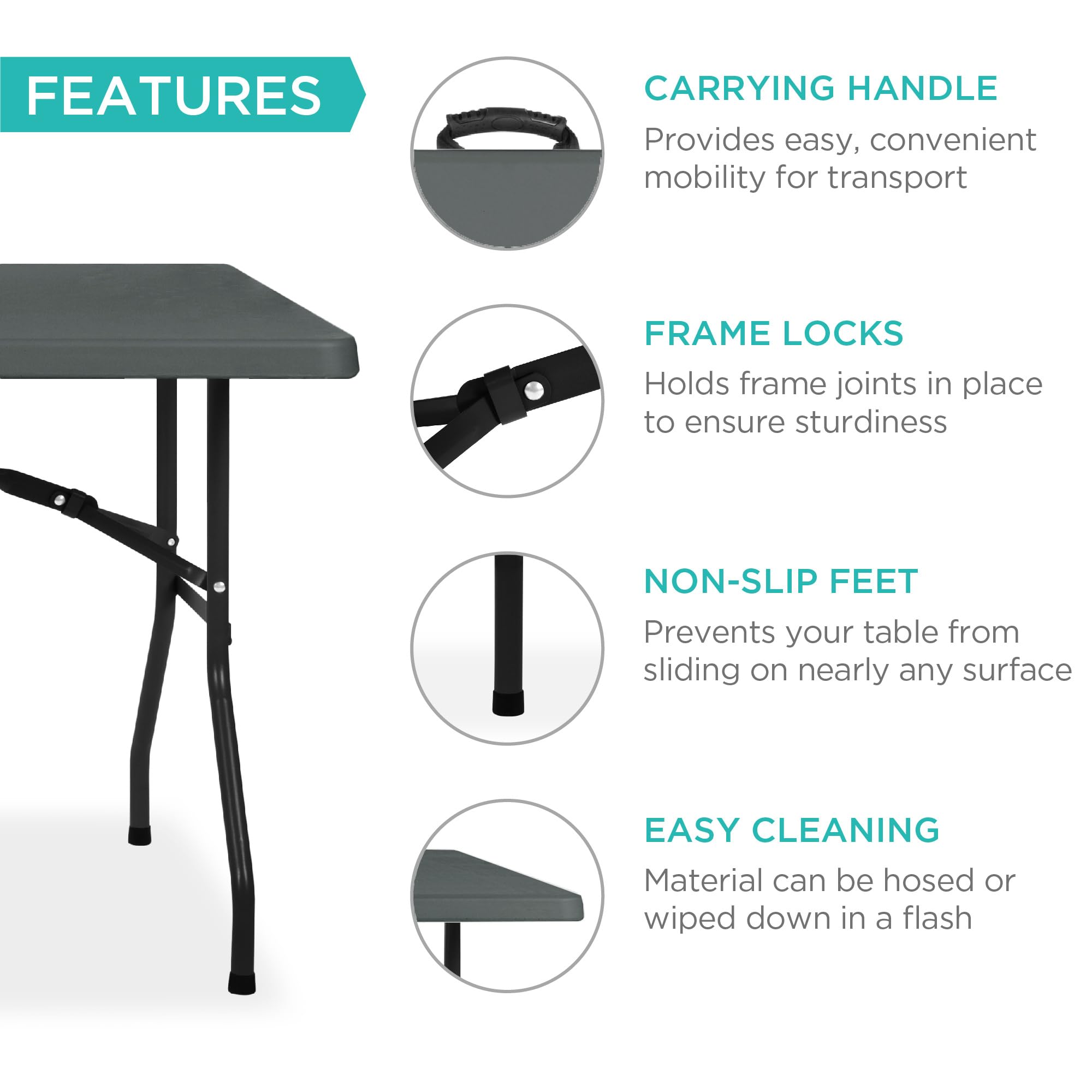 Best Choice Products 8Ft Plastic Folding Table, Indoor Outdoor Heavy Duty Portable W/Handle, Lock For Picnic, Party, Pong, Camping - Dark Gray