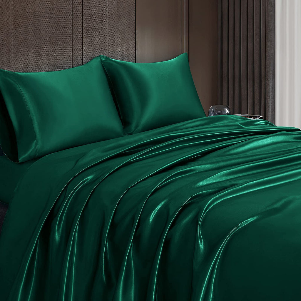 Homiest 4Pcs Satin Sheets Set Luxury Silky Satin Bedding Set With Deep Pocket, 1 Fitted Sheet + 1 Flat Sheet + 2 Pillowcases (Cal King Size, Blackish Green)