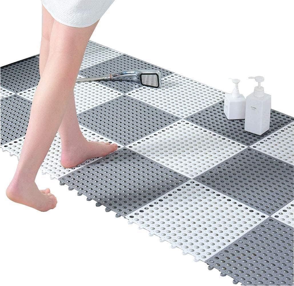 Wishbone Interlocking Rubber Floor Tiles DIY Size NonSlip Rubber Bath Mat with Drain Holes and Drainage Column for Bathroom, Ki