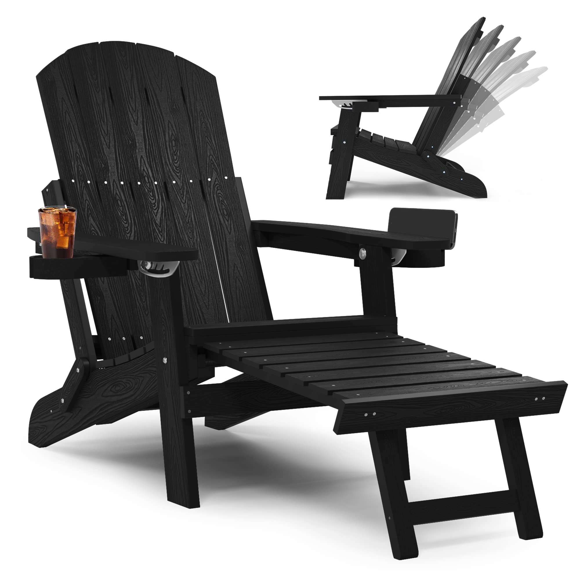 Yefu Adirondack Chair With Ottoman, Adjustable Backrest Adirondack Chairs, Folding Outdoor Fire Pit Chair With 2 Cup-Holders, Weather Resistant For Patio Lawn Outside Garden Pool, 380Lbs (Black)