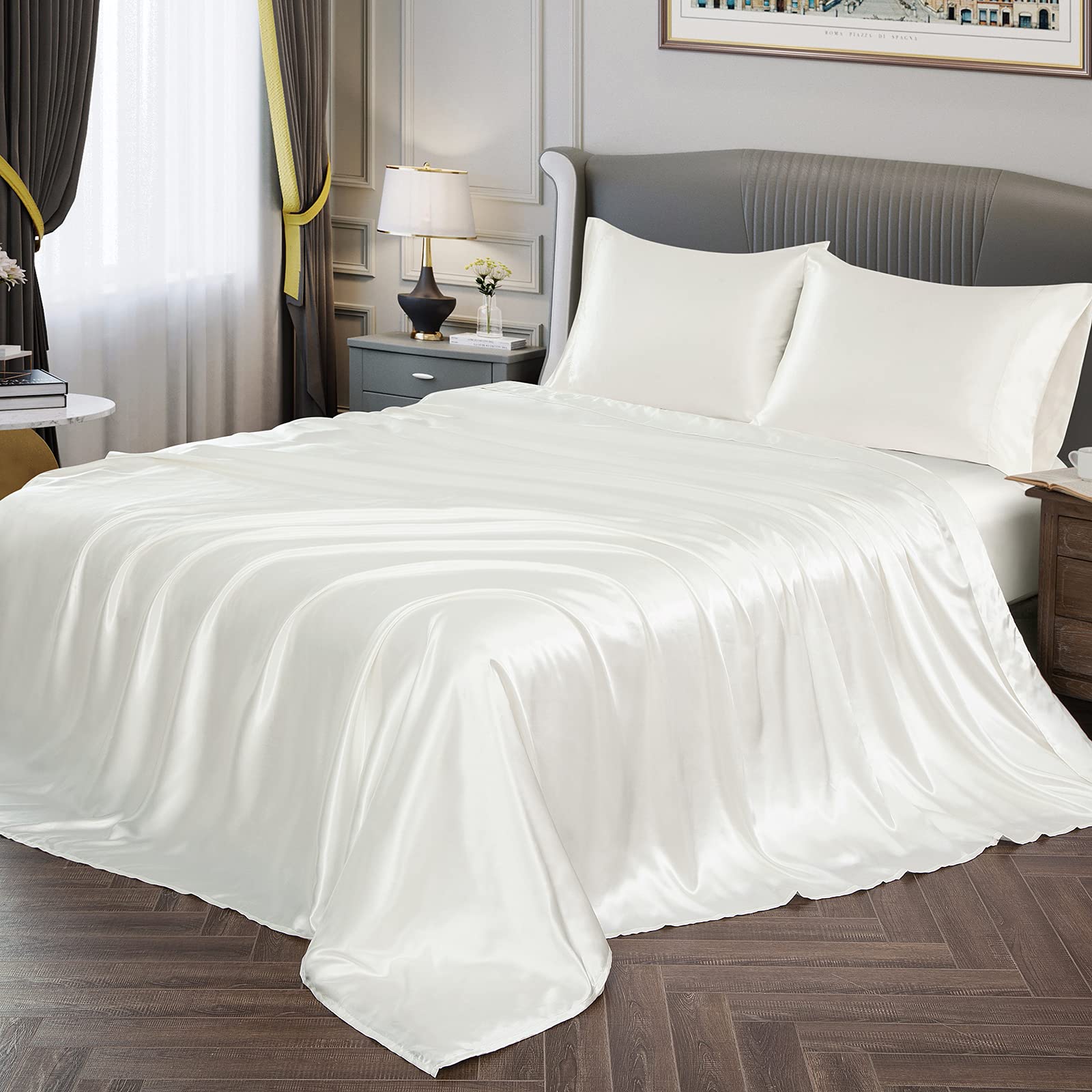 Vonty Satin Sheets Queen Size Silky Soft Satin Bed Sheets Ivory White Satin Sheet Set, 1 Deep Pocket Fitted Sheet + 1 Flat Sheet
