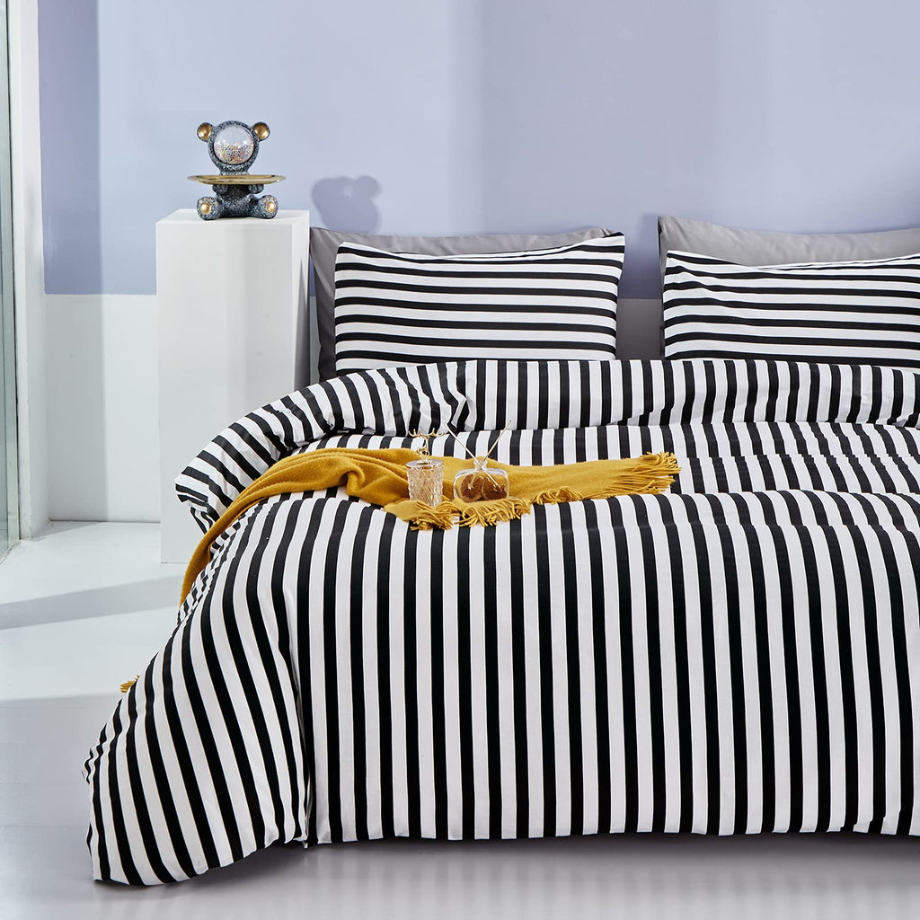 Clothknow Striped Comforter Set California King 3Pcs Black White Bedding Comforter Sets Farmhouse Comforter Ticking Black Comfor
