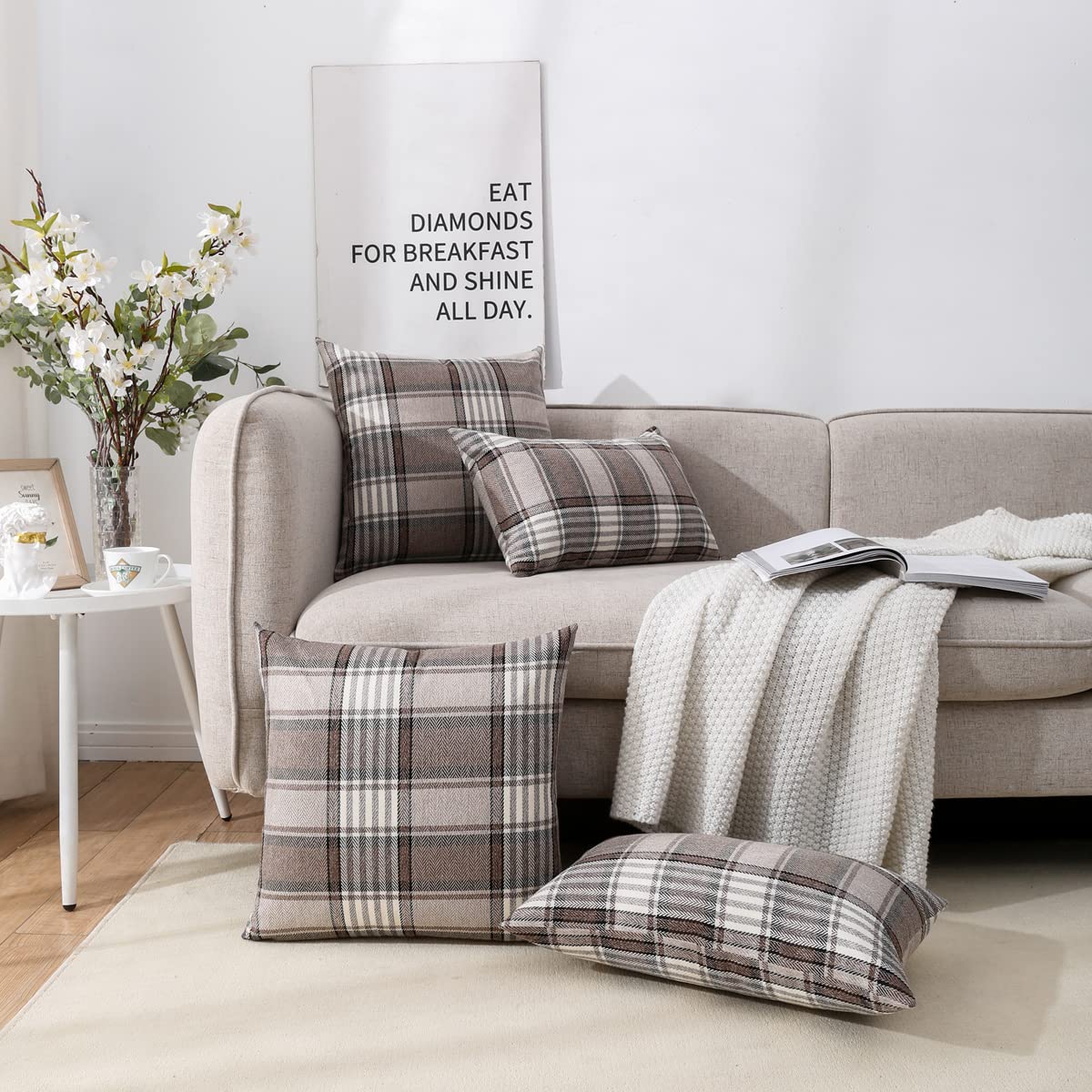 Carrie Home Brown Tartan Plaid Lumbar Pillow Cover 12X20 Set Of 2 Farmhouse Buffalo Plaid Brown Striped Lumbar Throw Pillow Cove
