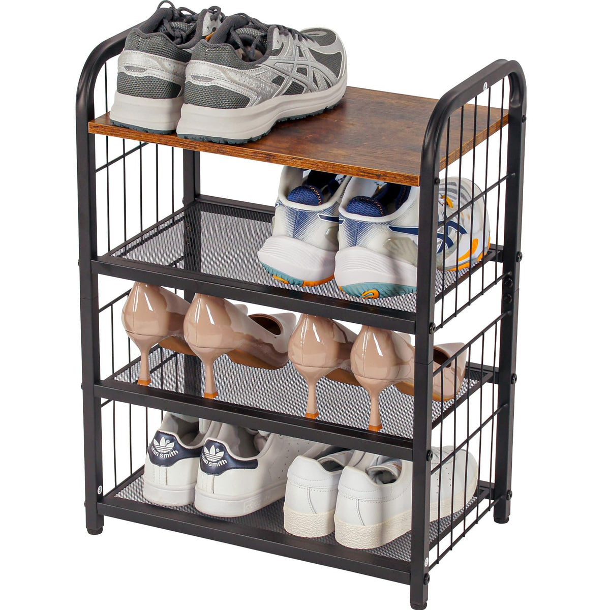 BWOORACKU Shoe Rack, 4-Tier Shoe Organizer with Guardrails, Heavy-Duty Metal Mesh Shelves & Rustic Wooden Top for Stylish Closet