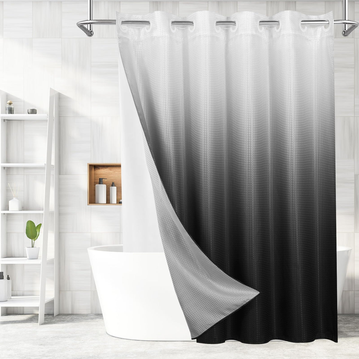 MitoVilla No Hooks Needed Black Ombre Waffle Shower Curtain with Snap-in Liner, Modern Waffle Weave Heavy Duty Fabric Cloth Show